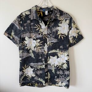 H and M Tropical Hawaiian Black Floral Button-up Short Sleeve Shirt Top